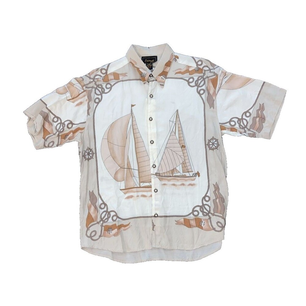 Vintage Sangi USA Nautica Sailing Sailboat Themed Short Sleeve Shirt (L) Large